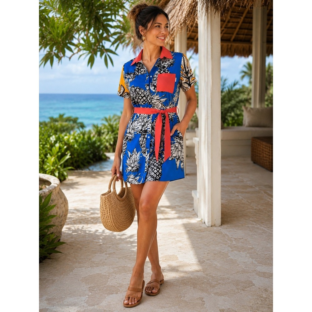 Mavrans Multicolor Pineapple Tropical Shirt Dress Size M Dopamine Resort Coastal